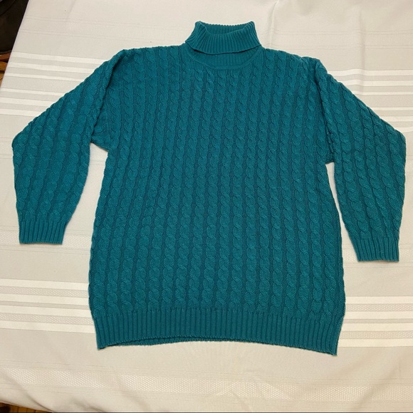 Cable Knit Womens Teal Green Vintage Tarazzia Turtleneck Sweater EUC - size L - Picture 2 of 5
